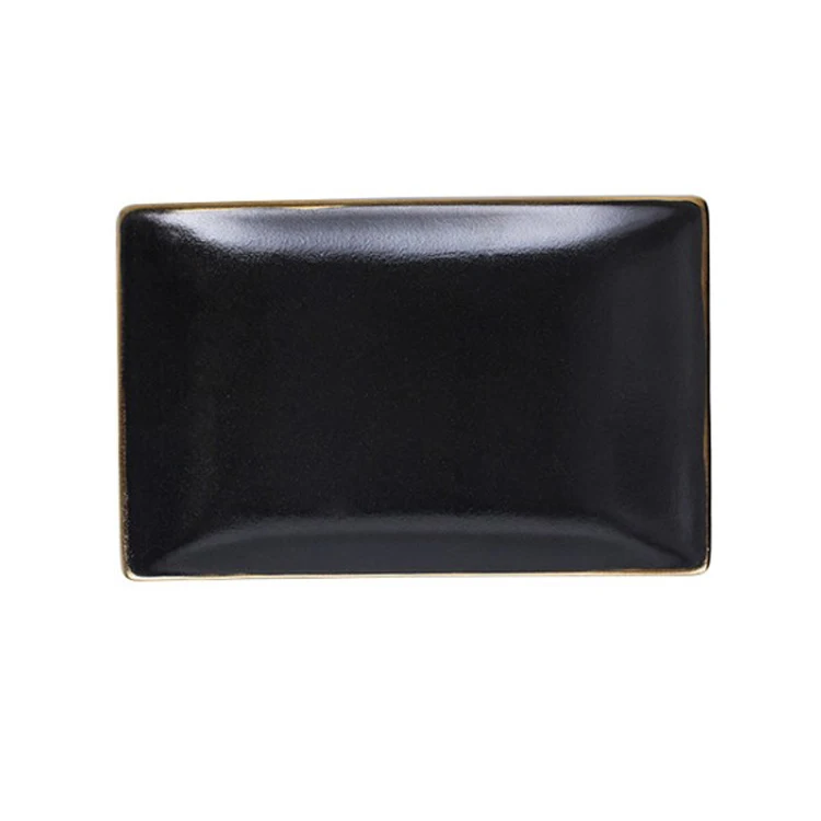 

Japanese Simple matte glaze gold edge square ceramic sushi tray home hotel tableware plate, Matte black