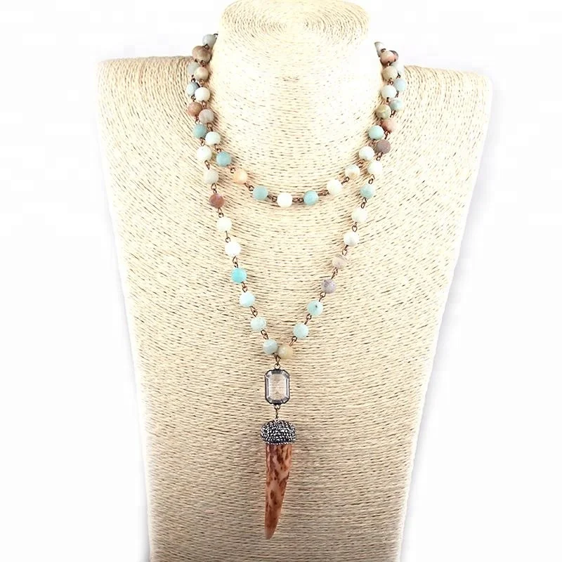 

Women Rosary Chain Natural Amazonite Stone necklaces Crystal Link Bull Horn Pendant Necklace, Matt or shiny stone