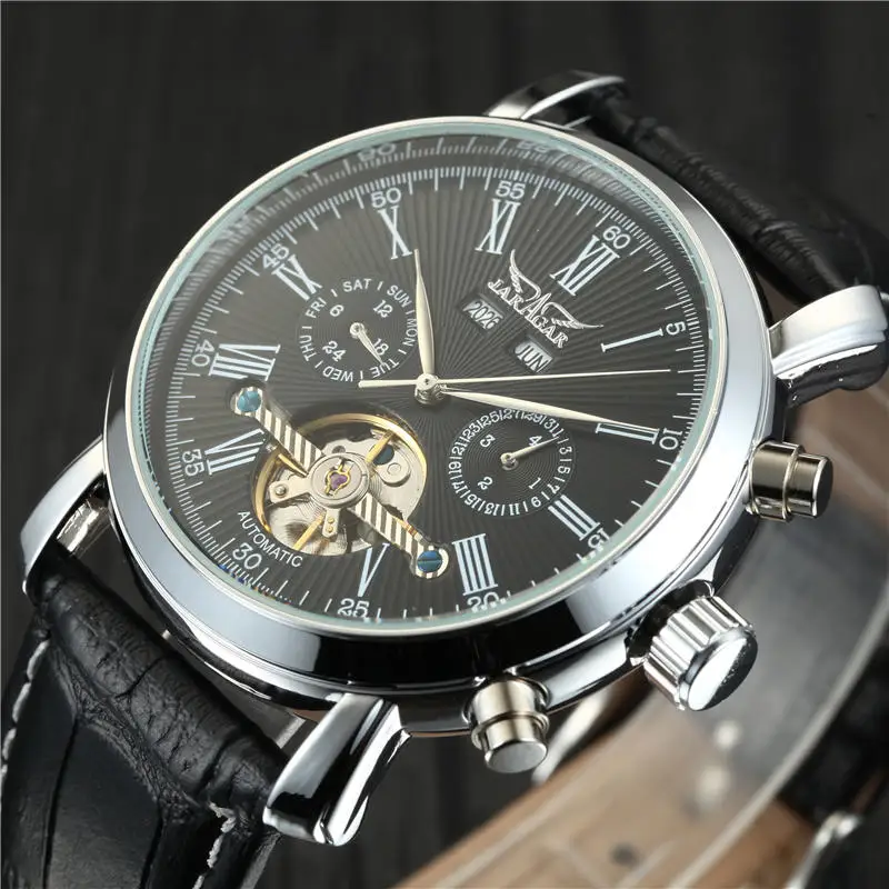 

JARAGAR Tourbillon Watches Leather Strap Auto Mechanical Watch Luminous Hands Date Day Display Male Wristwatch Horloge Mannen, 5 colors