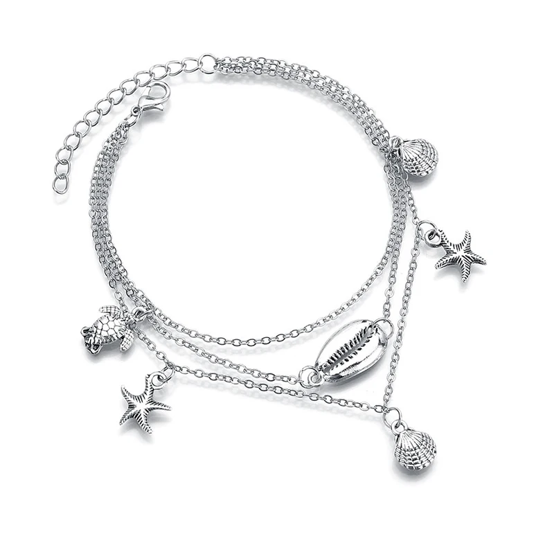 

Vintage Starfish Shell Turtle Anklets For Women Antique Silver Color Multilayer Anklet Bracelet On The Leg (KAN384), As picture
