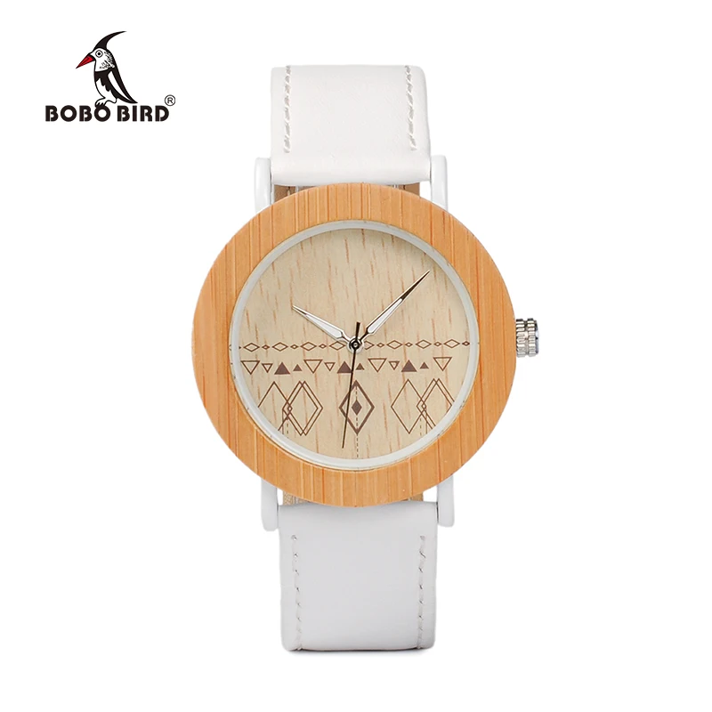 

BOBO BIRD China manufacturer natural bamboo handcrafted women wooden watch white genuine leather strap, Picture