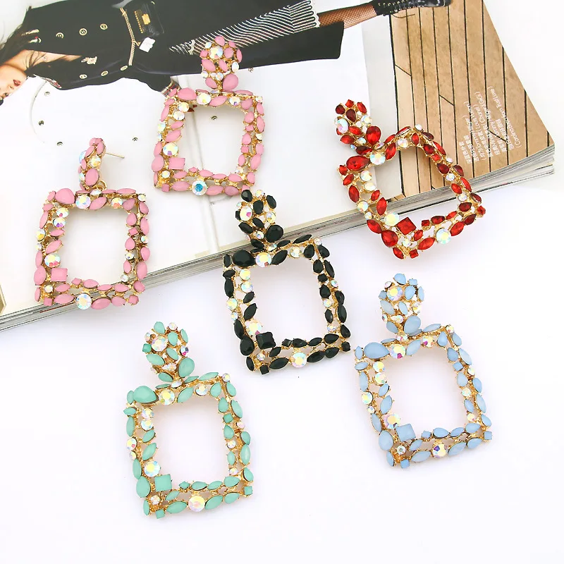 

High quality gold plated statement rhinestone earrings jewelry ZA geometric rhinestone hoop earrings for women
