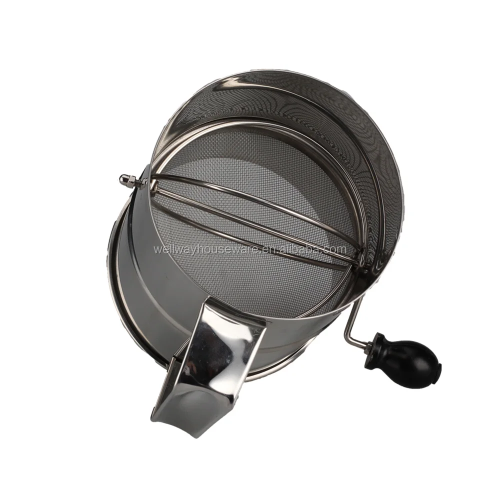 Stainless Steel Rotary Hand Crank Flour Sifter With 2 Wire Agitator