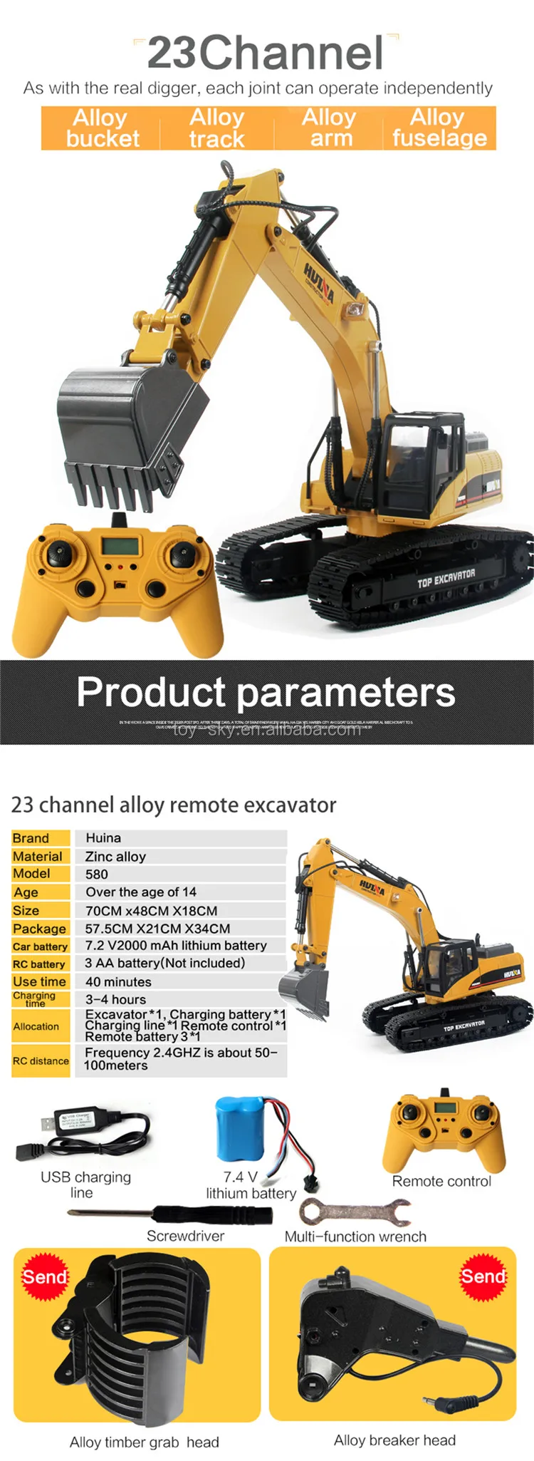 rc excavator huina 580 hydraulic fullmetal