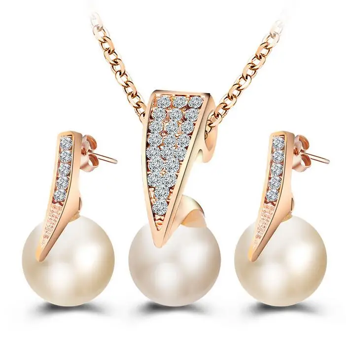 

Luxury Women Wedding Bridal Pearl Jewelry Set Rhinestone Necklace And Earrings