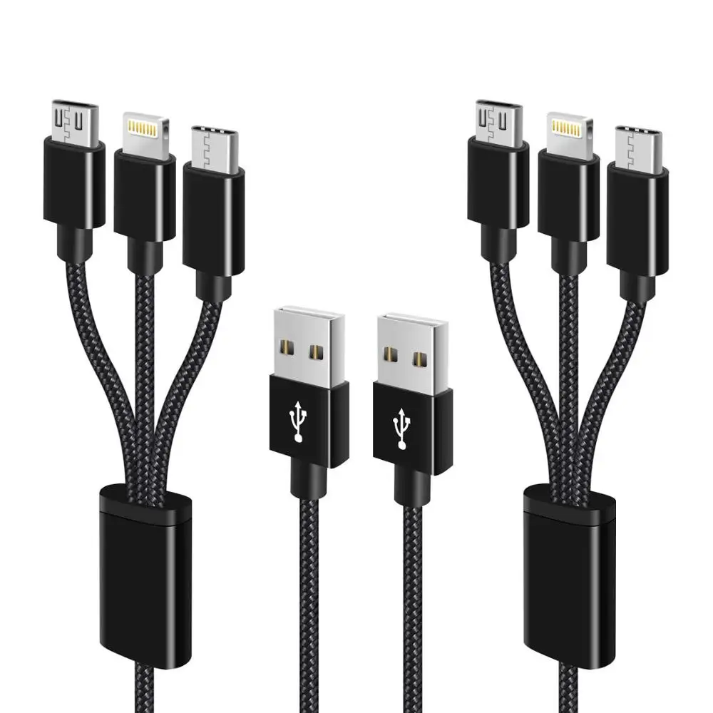 

Factory Wholesales Nylon Mobile Phone Data Cable 3 in 1 Type C Micro Charge Multi USB Cable, Black