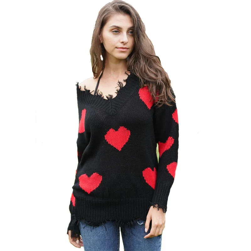 

White Floral Heart Print Cut Out Distressed Long Sleeve V-neck Sweater for Women, 7 colors