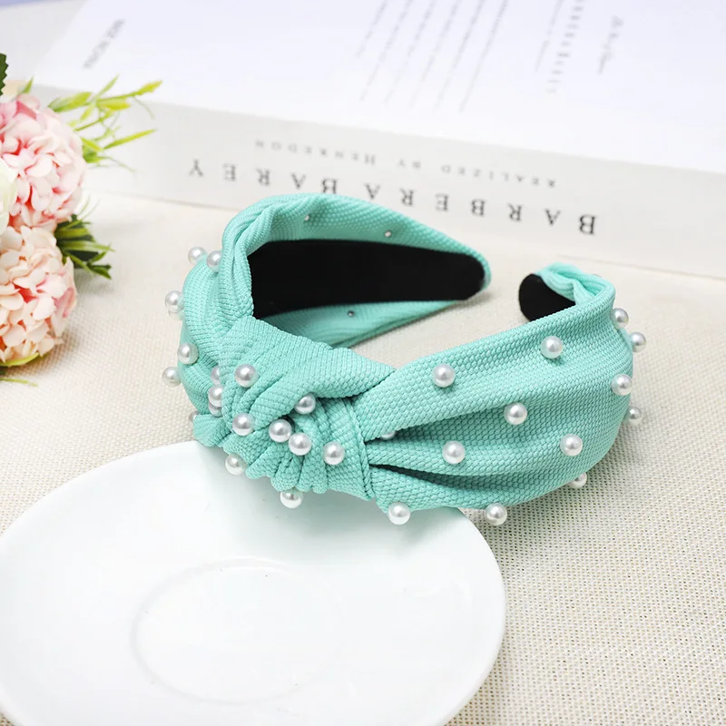 LRTOU Wholesale Hair Accessories Girls Plain Fabric Knot Plastic Headband Custom Pearl Hair Bands For Women