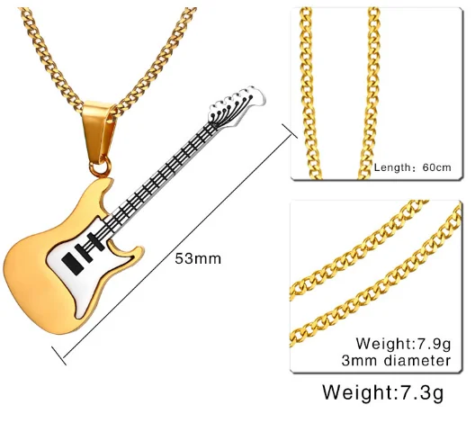 30/5000 European and American style jewelry 53MM stainless steel guitar pendant necklace men black pendant pendant drop wholes