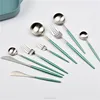 High Quality Luxury Elegant 304 Stainless Steel Sterling Silver Travel Flatware Green Longs Round Handle Flatware Cutlery Sets