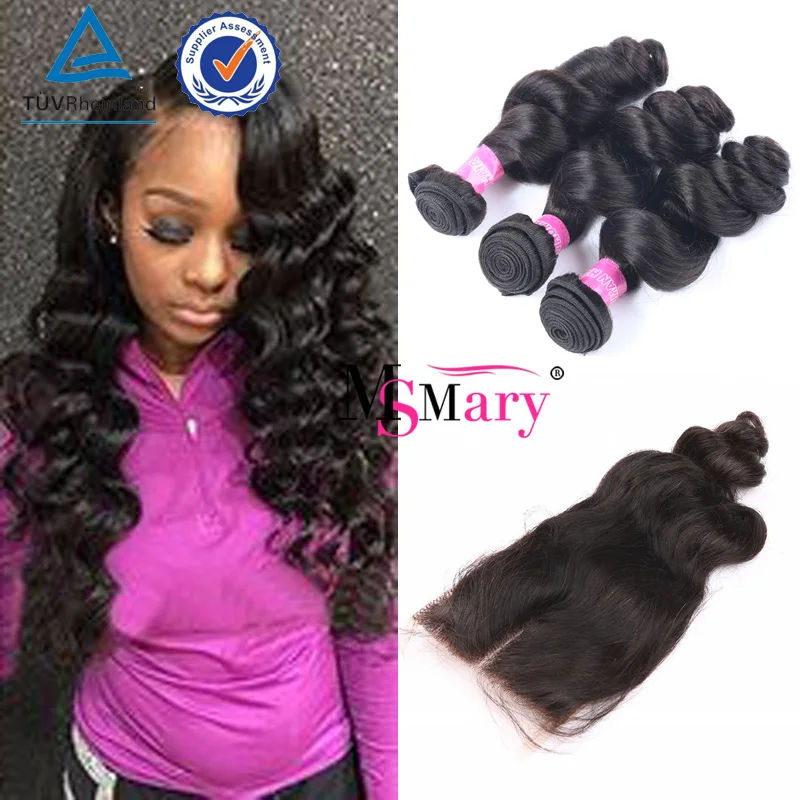 

Peruvian Virgin Human Hair Bundles 3Pcs Loose Wave With 1Pc Swiss Lace Closure Middle Part, Natural color #1b