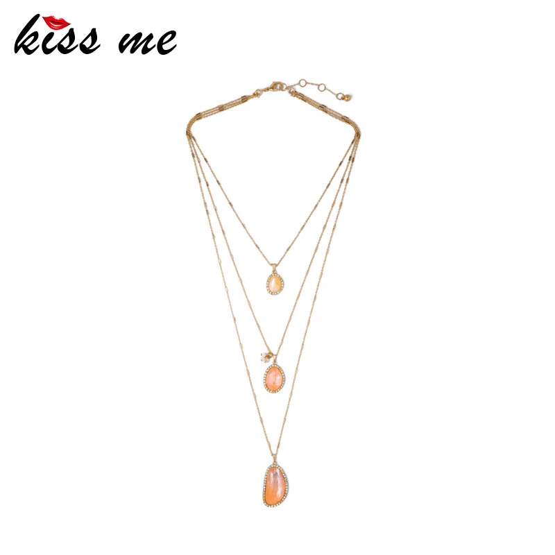 

xl01804c Multi Layered Necklace Pink Stone Pendant, As picture