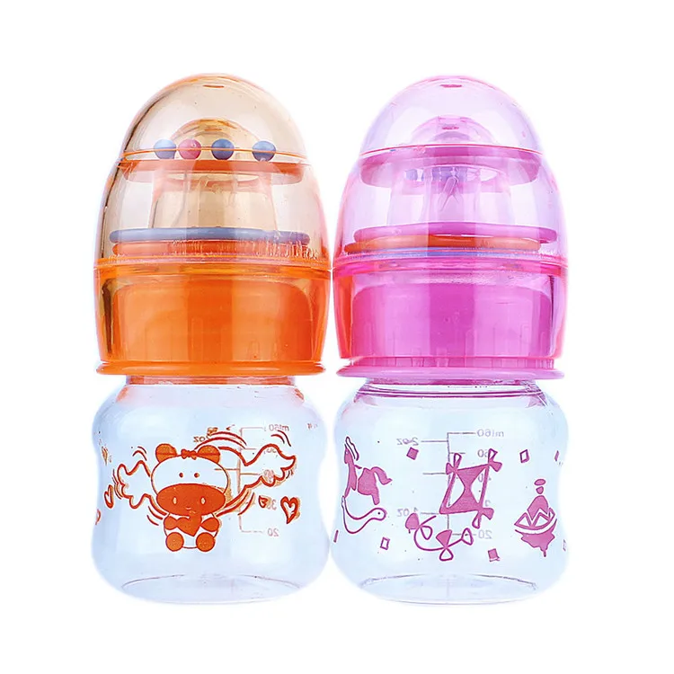 

2oz 60ML BPA free food grade plastic pp/pc funny mini milk bottle newborn baby feeding bottle with rattles, Mix color