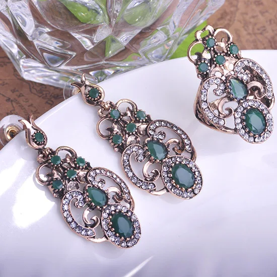 

Wholesale Turkish Earrings Ring Antique Gold Resin Flower Water Drop Stud Earrings Crystal Jewelry Sets, Green;blue;muti