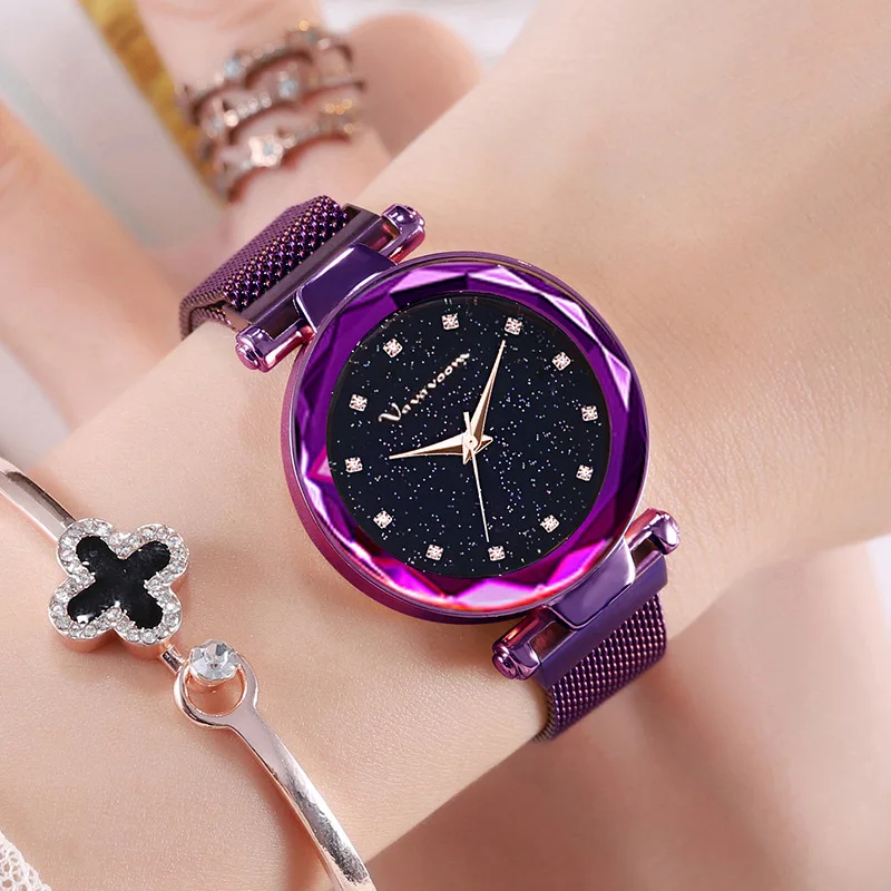 

VA VA VOOM VA6D Trends magnets Milan magnetic buckle mesh watch Korean version of the star pink diamond girls waterproof watch, Rose/silver