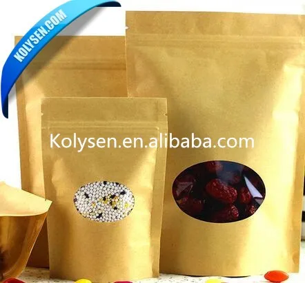 brown/white stand up zipper kraft paper bag with round window for food packaging
