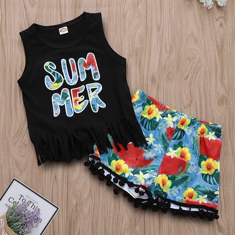 

2019 Brand New Infant Kid Baby Girl Boy 2Pcs Sets Clothes Sleeveless Top Summer T-shirt Floral Tassel Balls Shorts Pants Outfit, As picture