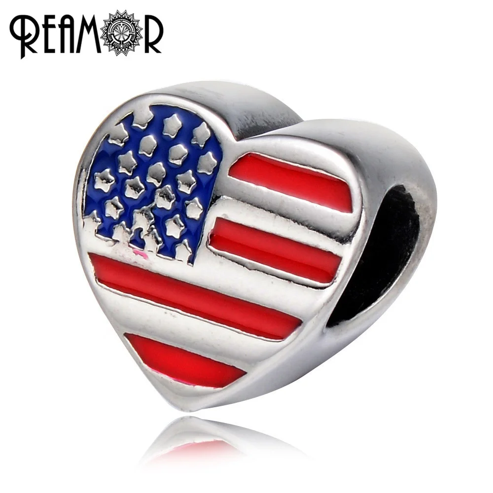 

REAMOR 316l Stainless Steel Heart Shape Enamel American Flag & Star European Charm Beads For DIY Bracelet Jewelry Making