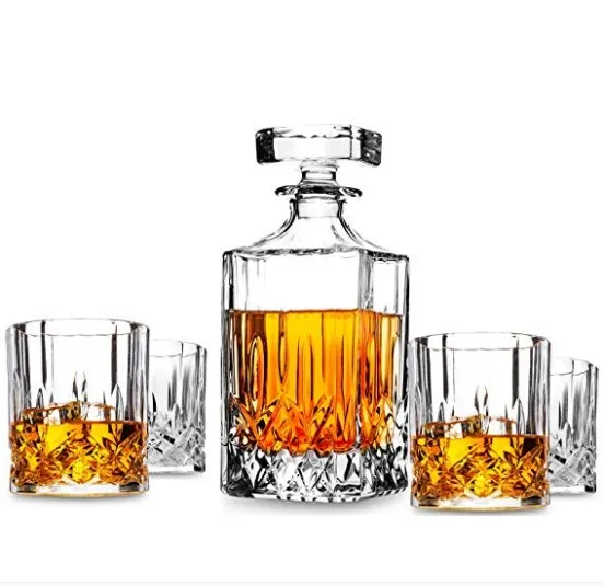 

5-Piece Lead-Free Carafe with 4 Old Fashioned Glasses Crystal Whiskey Decanter Set, Transparent