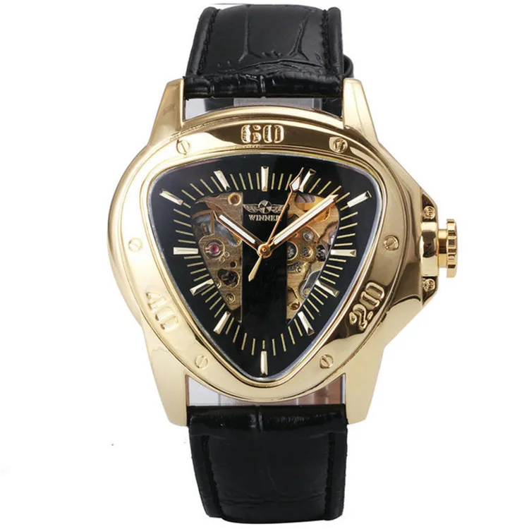 

WINNER 052 Fashion Men Skeleton Auto Mechanical Watch Leather Strap Inverted Triangle Shaped Case Dial Cool Style Best Gift