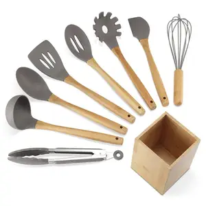 Image of Premium Silicone Kitchen Utensils with Holder 9-Piece Cooking Utensils Set with Bamboo Wood Handles for Nonstick Cookware