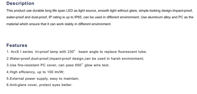 Vapor proof lamp 80w tri-proof light IK10 IP65 waterproof with 5 years warranty time