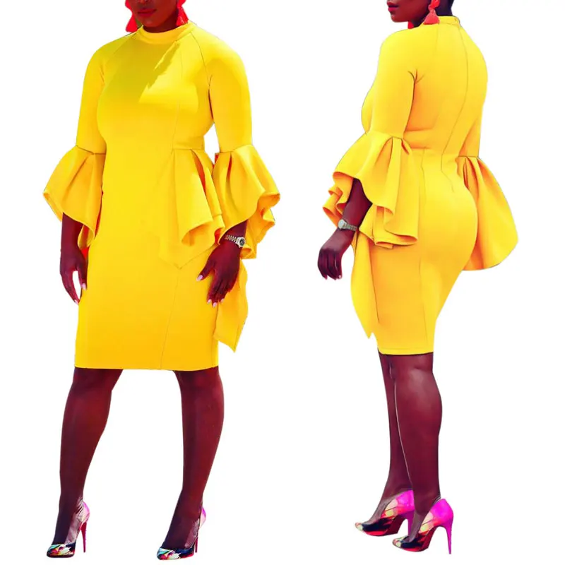 

81203-MX91 yellow ruffle sleeve women clothing plus size dress