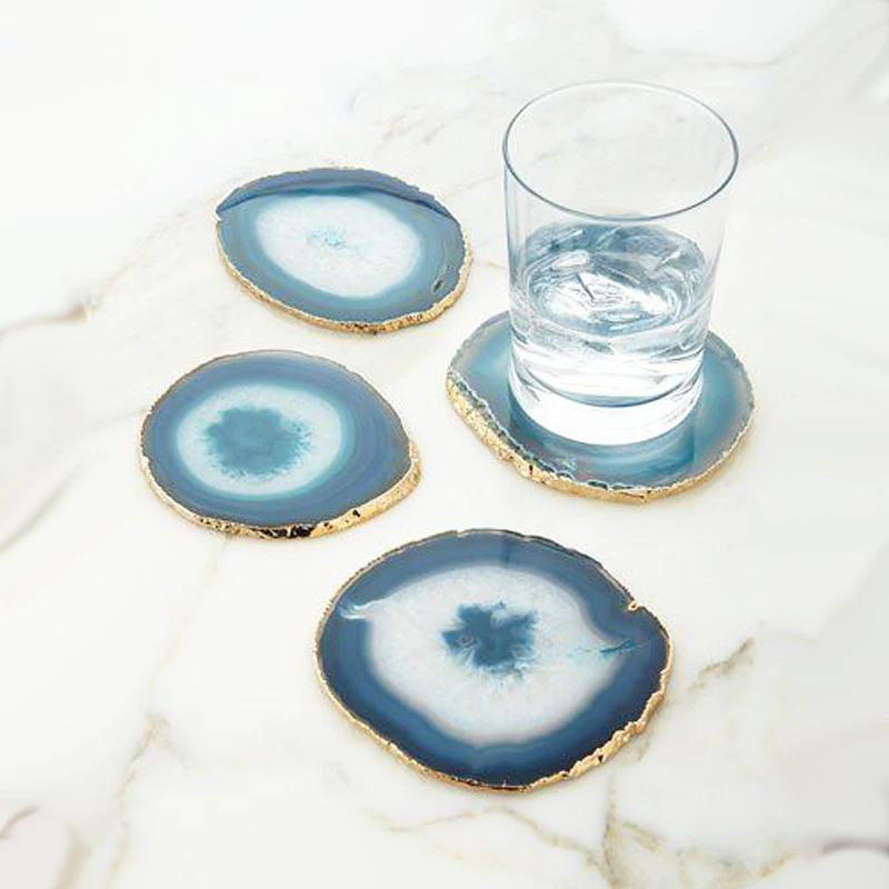 Natural polished crystal agate slices different sizes stone slices for coaster with golden rim
