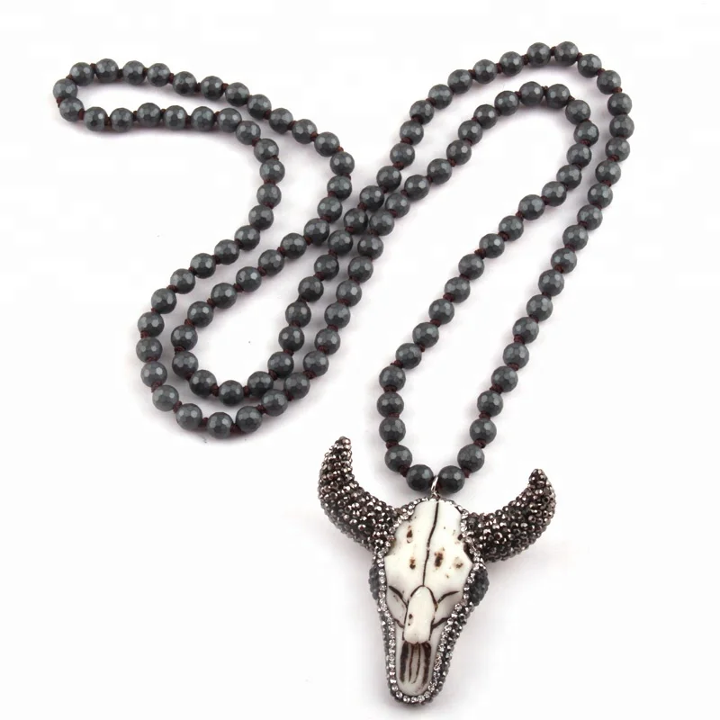 

Women 6mm Hematite stone Beads Knotted Pendant Necklace Crystal Pave Bull Head Sheep Charm Necklace, 2 color
