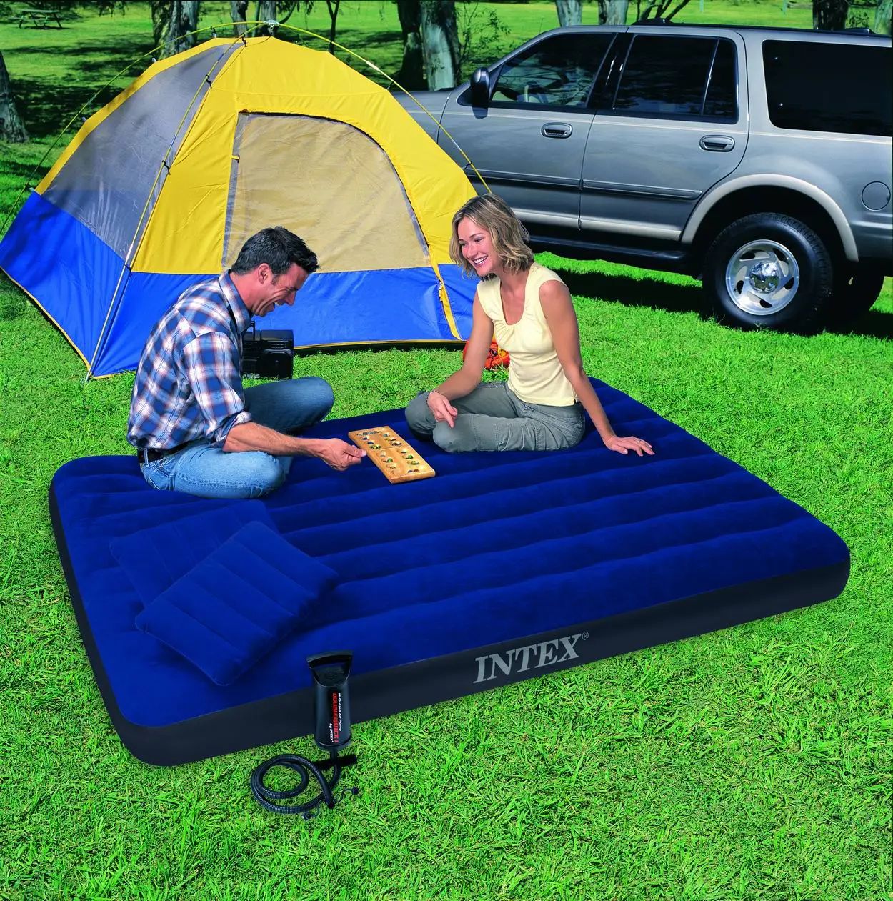 Intex 68765 Queen Classic Airbed With Hand Pump Inflatable Mattress For