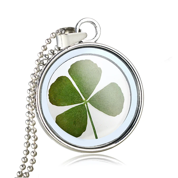

Lucky Four Leaf Clover Shamrock Real Flower Wish Locket Necklace Fashion DIY Pressed Dried Botanical Necklaces & Pendants Women, Gold and silver