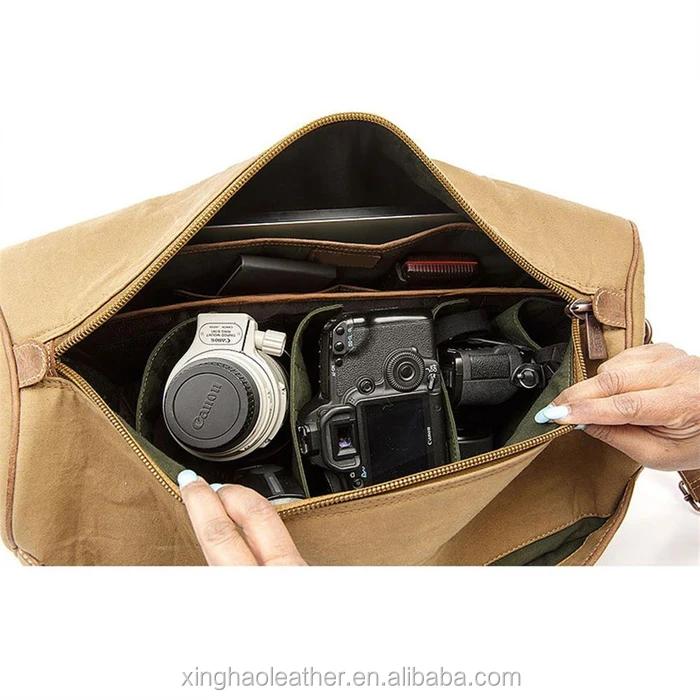 Top Quality Waxed Canvas Vintage Leather Trim Camera Bag Duffle Bag For
