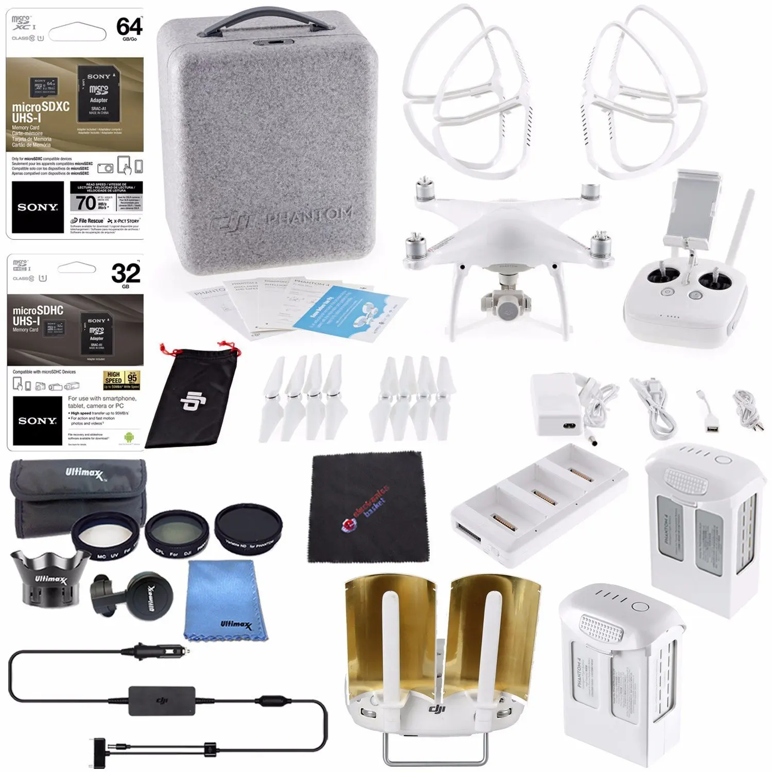 DJI Phantom 4 Quadcopter + DJI Intelligent Flight Battery (5350mAh) + Intelligent Flight Battery (5870mAh) + DJI Battery Charging Hub + Sony 32GB Card + Sony 64GB Card + Cloth Bundle