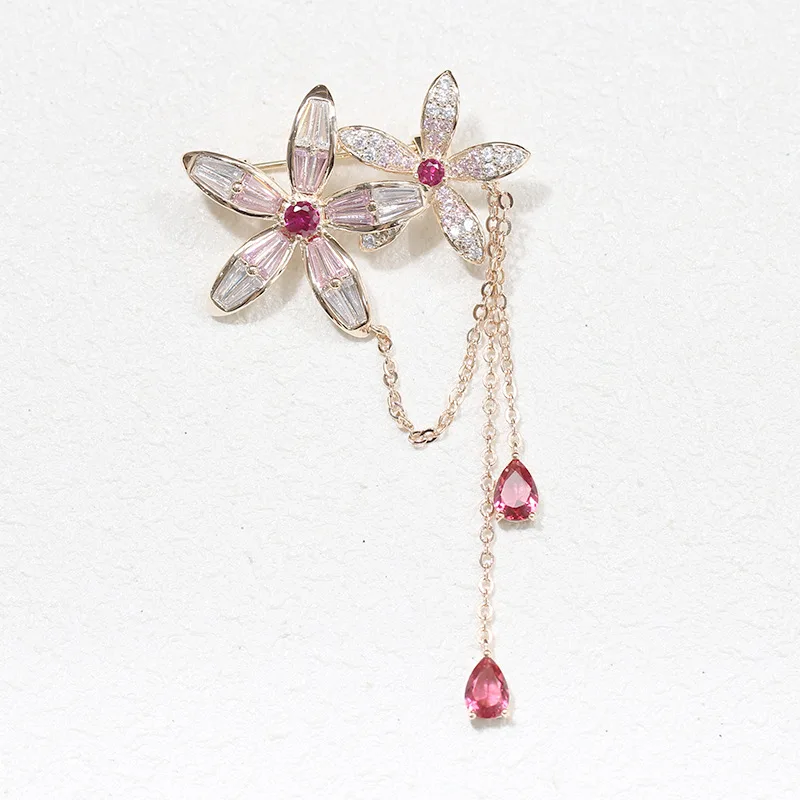 

China wholesale cubic zirconia flower brooch with chain women pin accessories