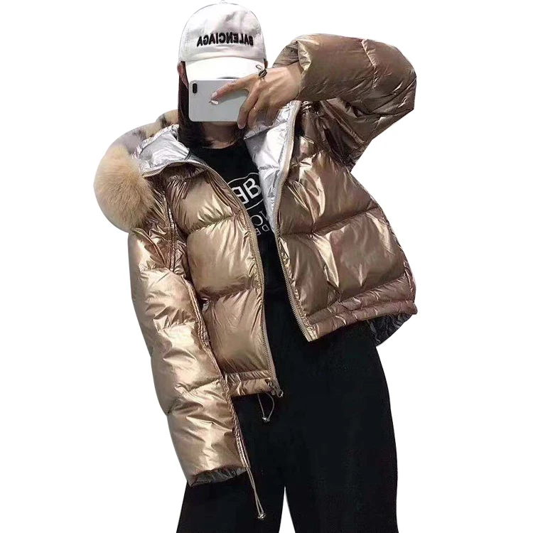 

2018 Newest Women Metal Shiny Reversible Double Face Wearing 90% White Duck Down Feather Padding Fox Fur Down Jackets coat