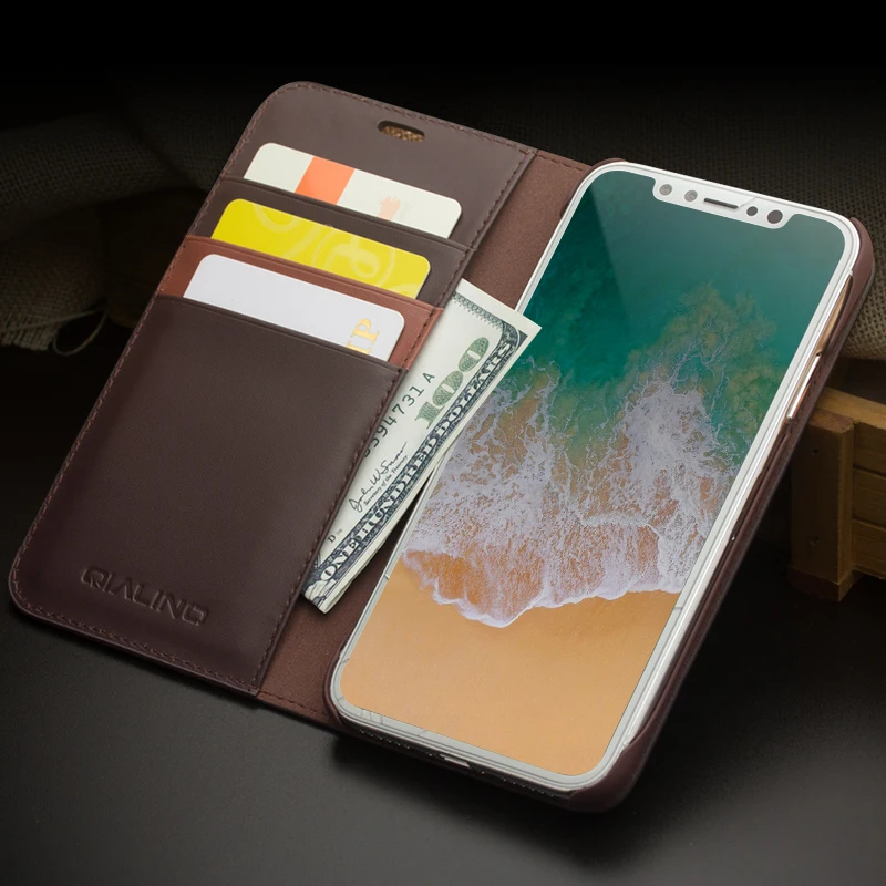 

2018 QIALINO Ultra Slim Luxury Flip Leather Phone Wallet Case For Apple iPhone X With Card Slots, Black;dark brown