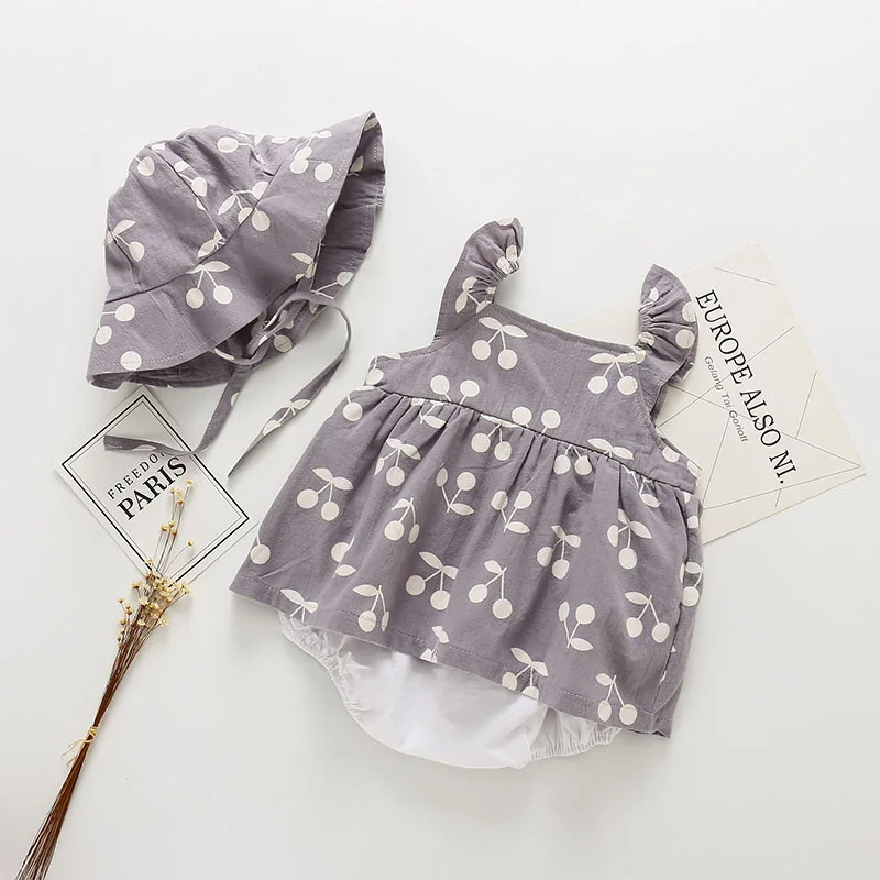 

Baby Summer Clothes Set Cotton Cherry Pattern Halter Ruffle Romper and Bonnet Outfit Set Toddler Princess Overalls, Pink gray