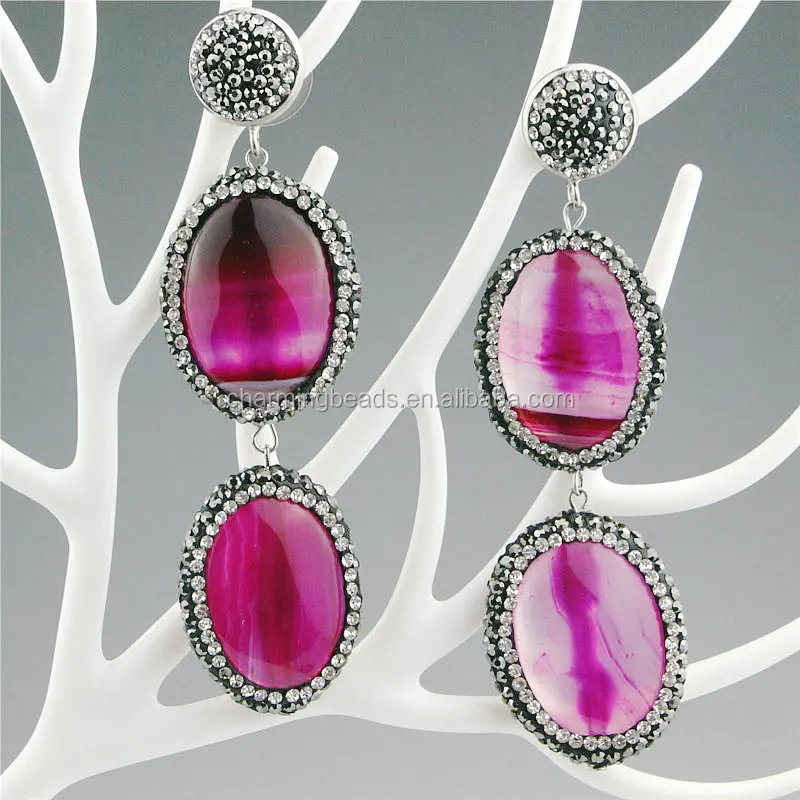 CH-ZSE0393 natural stone pendant jewelry earring,rhinestone fashion agate stud earring,wholesale gemstone dangle earring