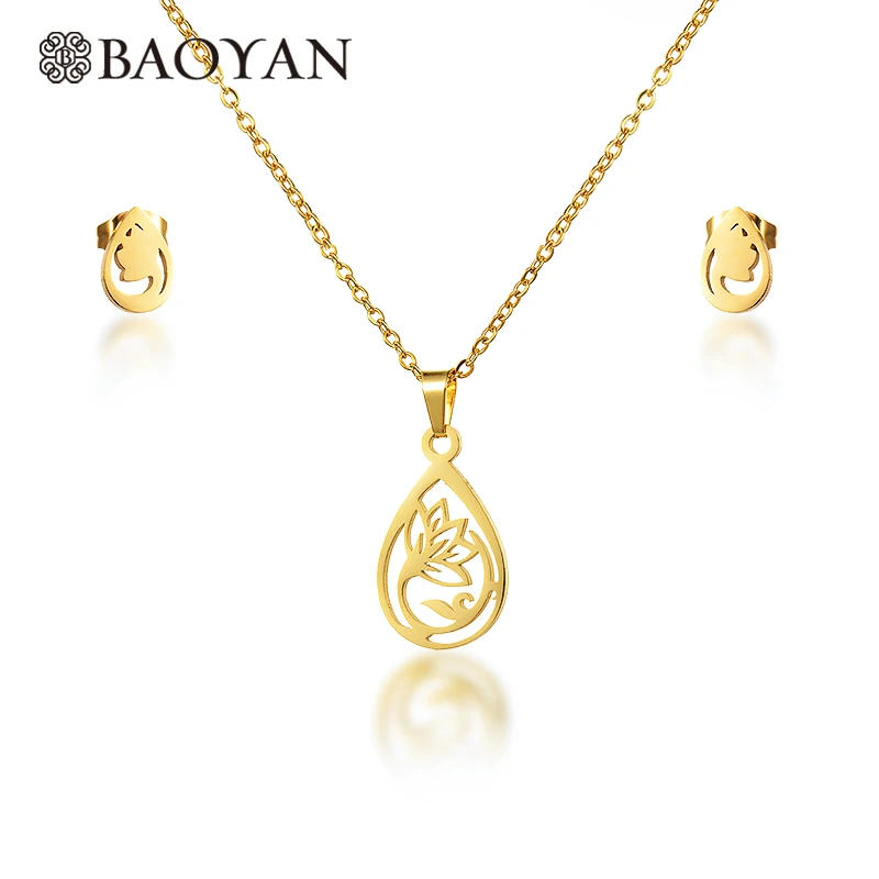 

Baoyan wholesale hollow teardrop flower stainless steel set jewelry 9k 18k gold plated lotus necklace set