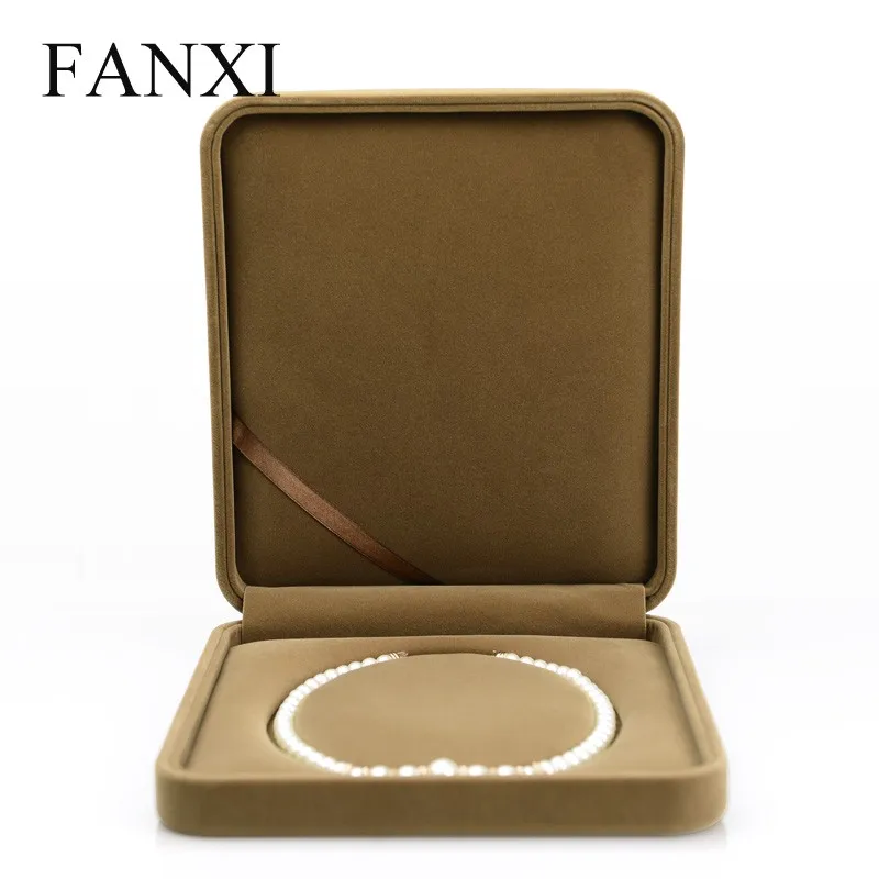 

FANXI china wholesale delicate large size coffee color pearl necklace box gift case for wedding velvet jewelry box, N/a