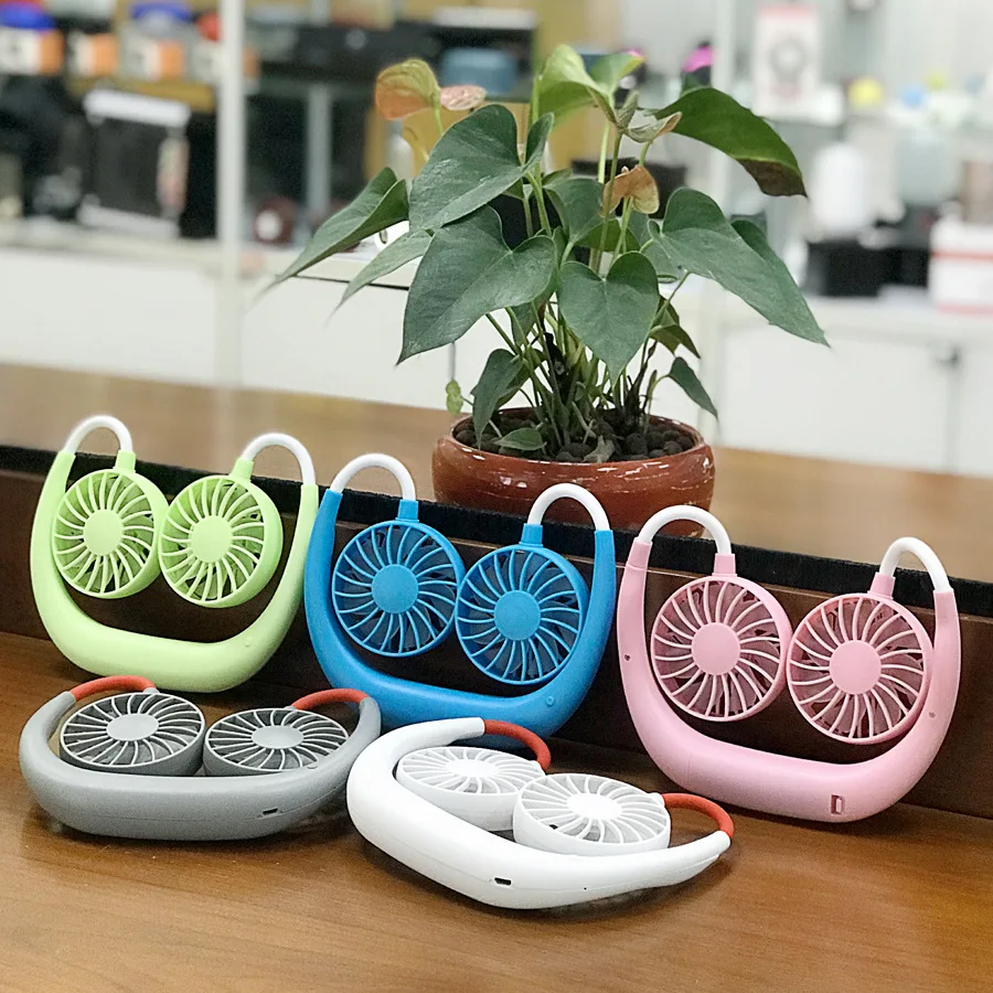 Popular hot selling in korea and japan hand-free 2 in 1 double fan electric USB led neck fan