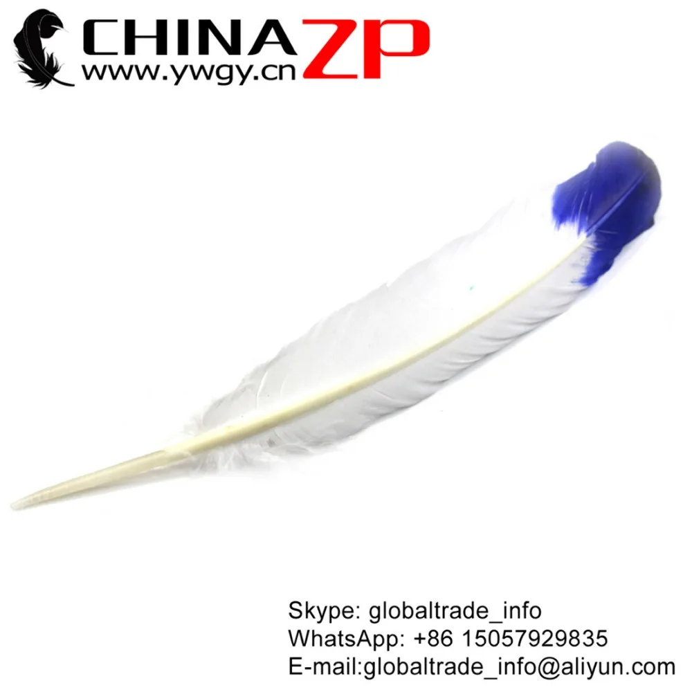 
CHINAZP Factory Cheap Wholesale Feather Size from 30cm to 35cm Dyed Blue Half Dipped Bicolourable Turkey Rounds Wing Feathers 
