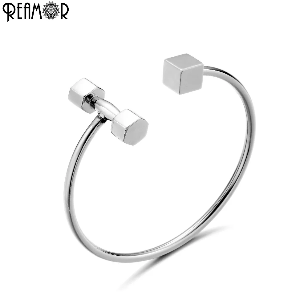 

REAMOR Dumbbell Open Cuff Bangle Stainless Steel Sport Bracelets For Male Jewelry High Quality Men Cuff Charms Bangles Gifts