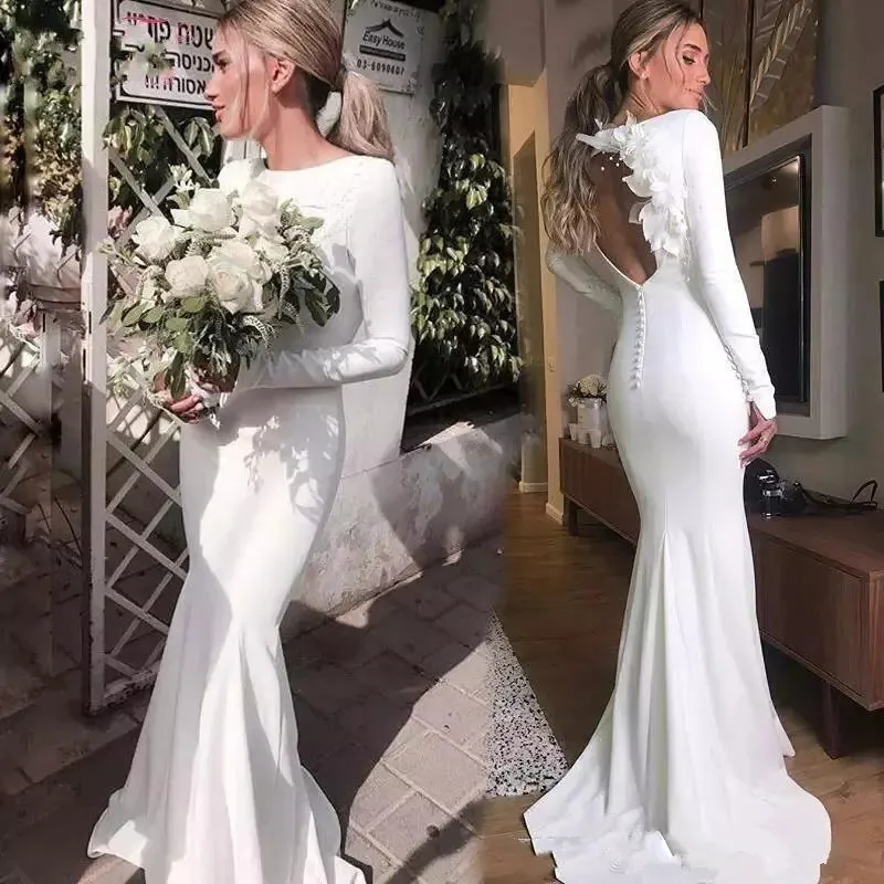 

Long Sleeve Fishtail iridescent Taobao Simple 2019 Mermaid Satin Wedding Dress with 3d Flowers, White or custom made