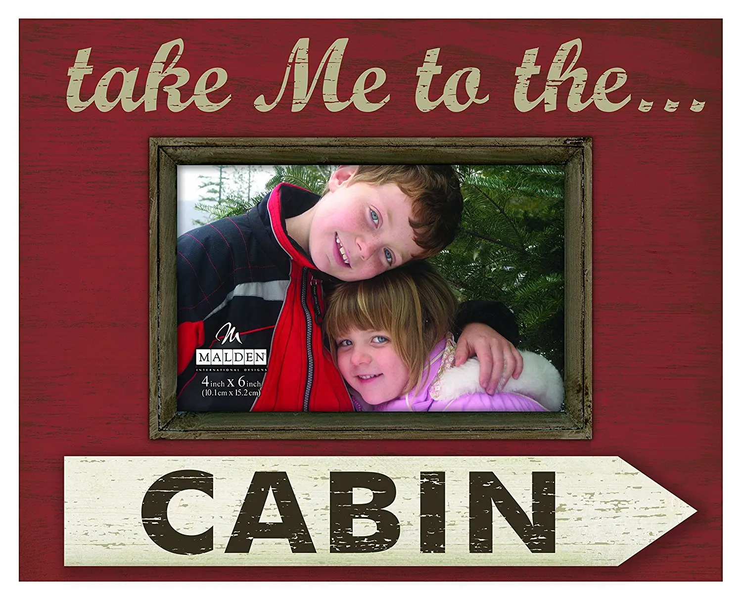 Malden International Designs Distressed Silkscreened Wood with Wood Attachment "Take me to the Cabin" Picture Frame, 4x6, Brown