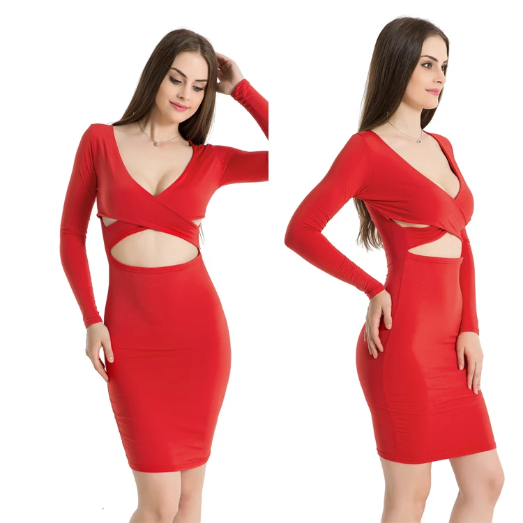 

Free Shipping deep v long sleeve bodycon pencil woman dress sexy club hollow women dress