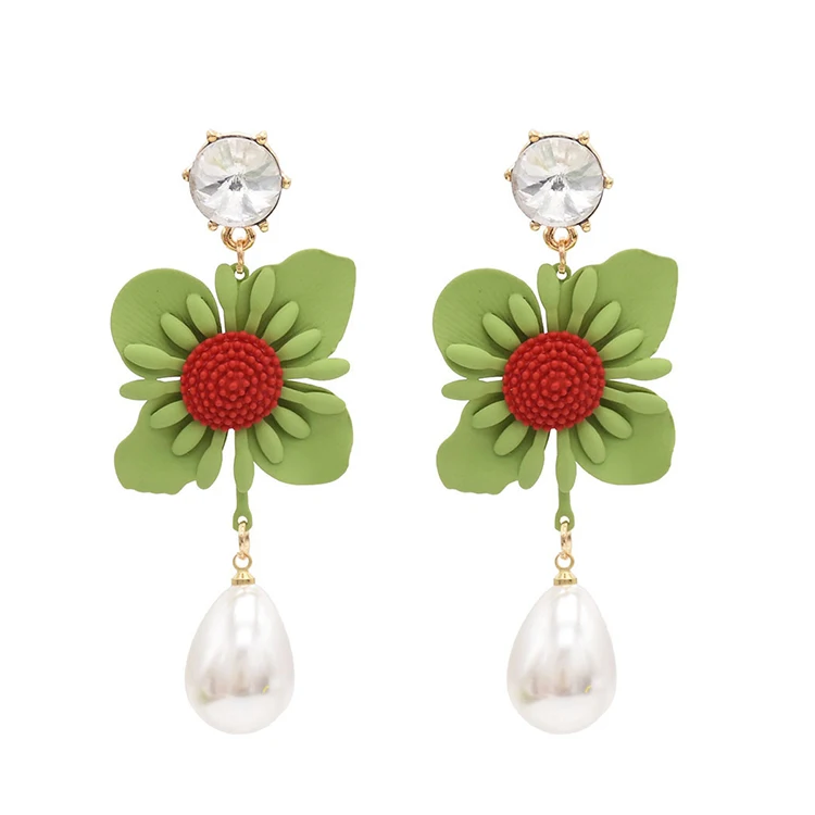 

Fashion Crystal Acrylic Pearl Drop Big Flower Earrings For Wedding Bridal, Green;white