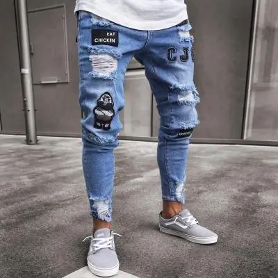 

New Style Men's Distressed Destroyed Badge Pants Art Patches Skinny Biker White Jeans Slim Trousers