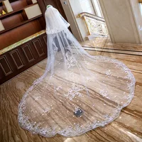 

Bride Use Veil Appliqued Lace cathedral train wedding veil 4m long and 3m width cover face soft tulle bridal veil with comb