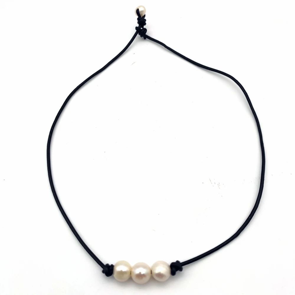 

Wholesale Handmade Fashion Knotted Women Necklace Jewelry With Leather Cord Popular Freshwater Pearl Necklace, Black